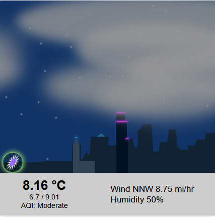 screenshot of weather widget showing cloudy weather at night. a few stars are visible over a simple cityscape which includes the great wheel, smith tower, columbia center, and a few other less distinct buildings.
