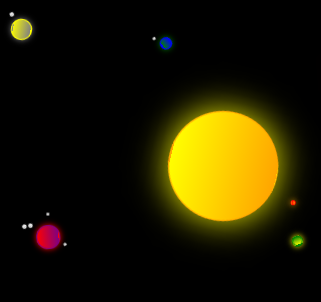 screenshot of the solar system -- some colorful circles over a black background