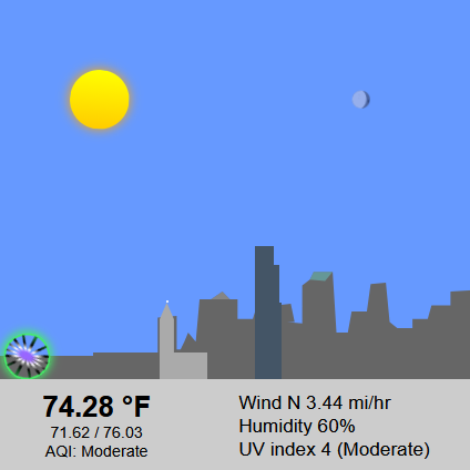 screenshot of weather widget showing clear weather during the day. the sun and moon are both up in the sky, and the moon is slightly less than full. the great wheel is open for business and lit dramatically.