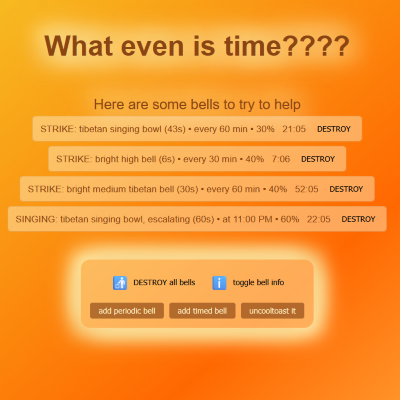 screenshot of very fiery bell timer app with several active bells