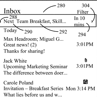 next calendar event feature -- diagram from US patent with numbers pointing to several parts of the UI including the event title, event time, and feature name